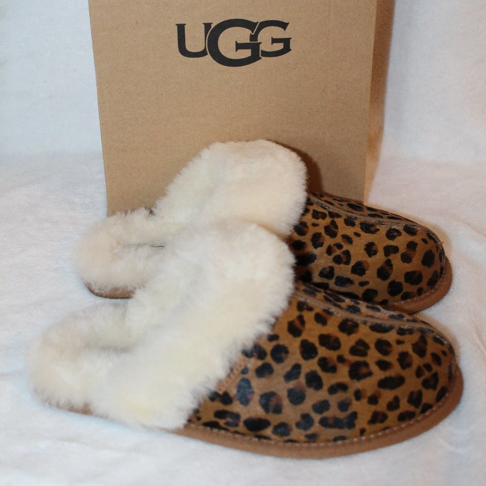 NIB UGG SCUFETTE II CALF‎ HAIR LEOPARD SLIPPERS